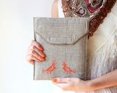 Hands embroidered iPad case - iPad sleeve - Two orange birds - OOAK