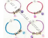 Girls Flowers European Style Braided Metallic Leather Charm Bracelet Purple Blue Hot Pink Silver Clay Jewelry Little Child Gift