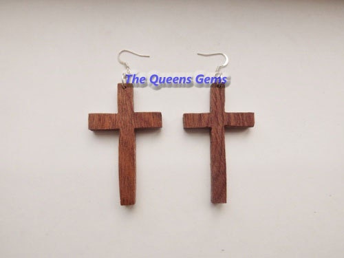 African Mahogany Wood Cross Earrings