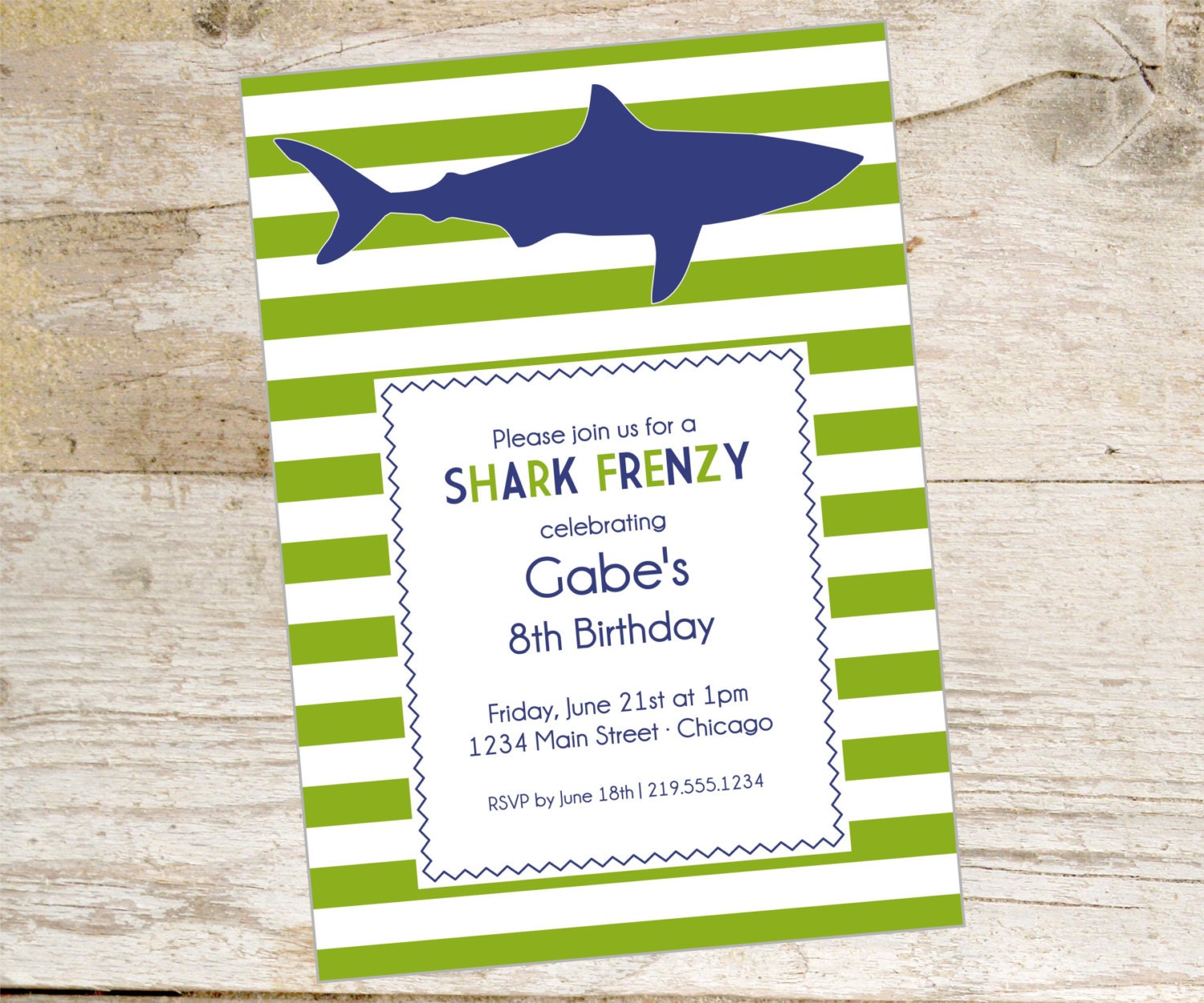 DIY Printable SHARK Green Cabana stripe invite invitations - Green and Blue Shark Party Il_170x135