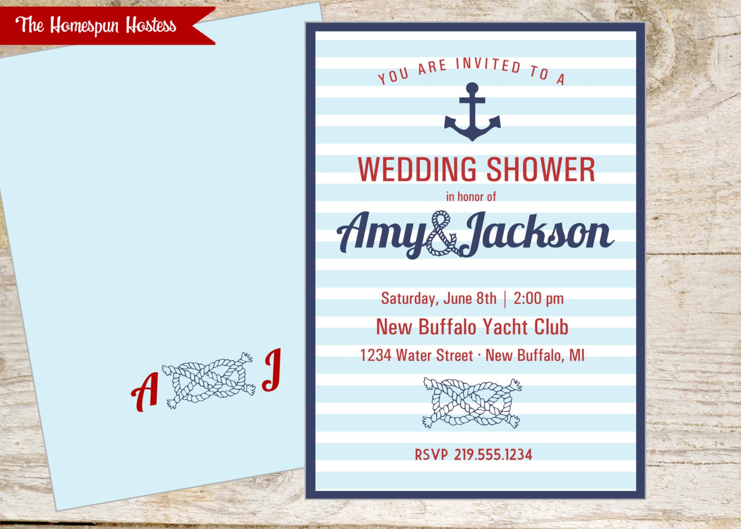 DIY Printable Nautical Bridal Shower invite - Red Blue Anchor Rope - front and back design Il_570xn