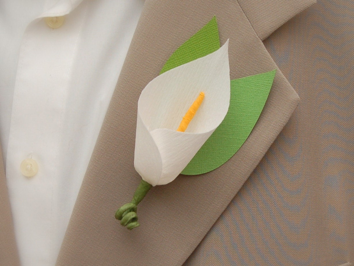 Wedding Paper Flower Boutonniere - White Calla Lily