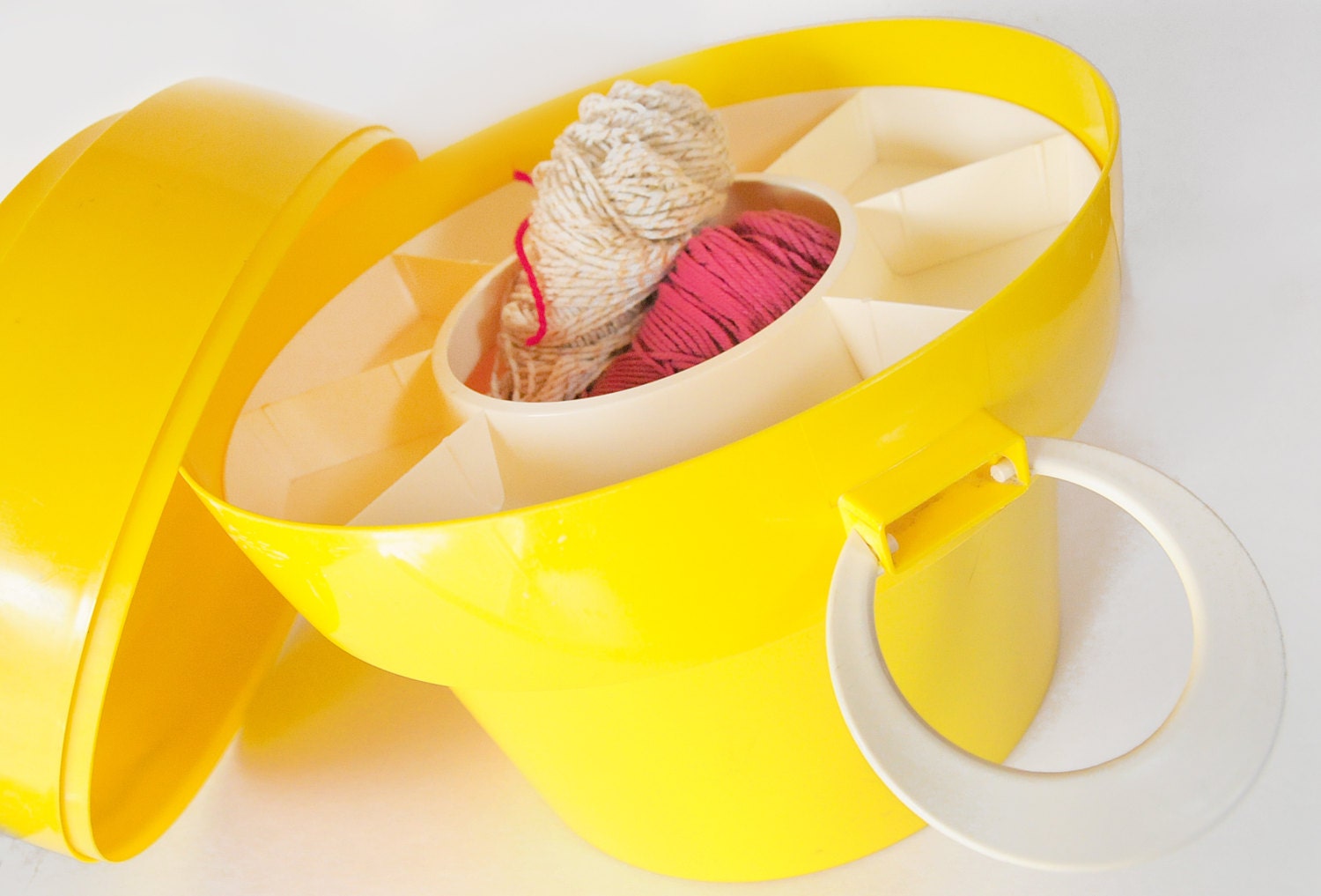 knitting, storage, footstool, knitting storage, sewing storage, craft storage, side table, mod, retro, segmented tray, yellow, white, large