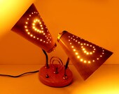 Mid Century Modern Lamp, Dual Cone Shades, Faux Bois, Woodgrain, Table, Desk Lamp, Aluminum, Brass plated Steel , A Retro Beauty