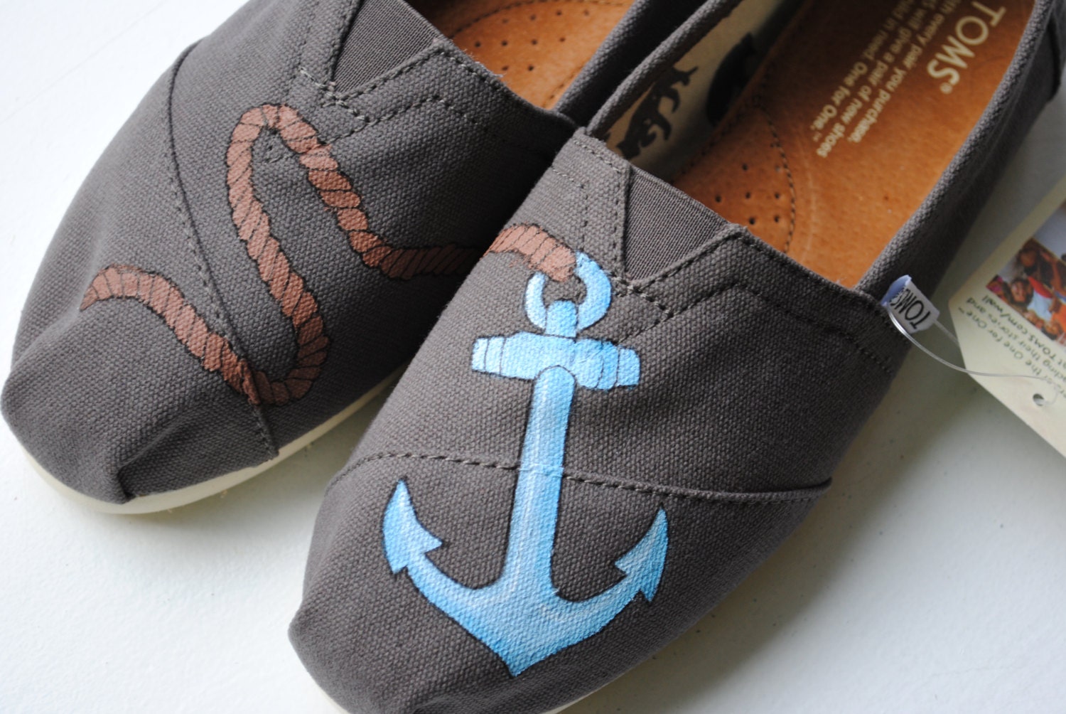 Mens Custom Hand Painted TOMS Anchor Design shoes on Ash Gray Canvas