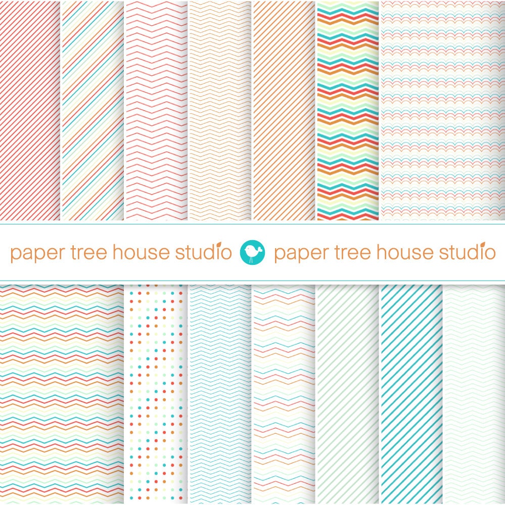 Digital Papers - Stripes, Polka Dots, and Chevron - Fourteen 8.5 x 11 or 12 x 12 inch Print Ready Files - ID 1069