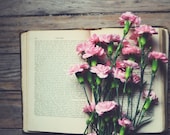 Carnations book photograph- neutral colors, vintage book, cream, pink,  white, floral, spring,  romantic, 8x10 print, fine art photography
