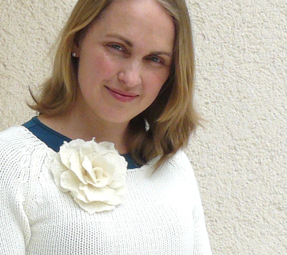 Milk White Rose Felted Flower Pin brooch - Large Hand Felted Flower Corsage, gift under 25