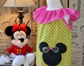 Pink and Green Polka Dots Minnie Mouse Ruffled Neck Dress with Applique