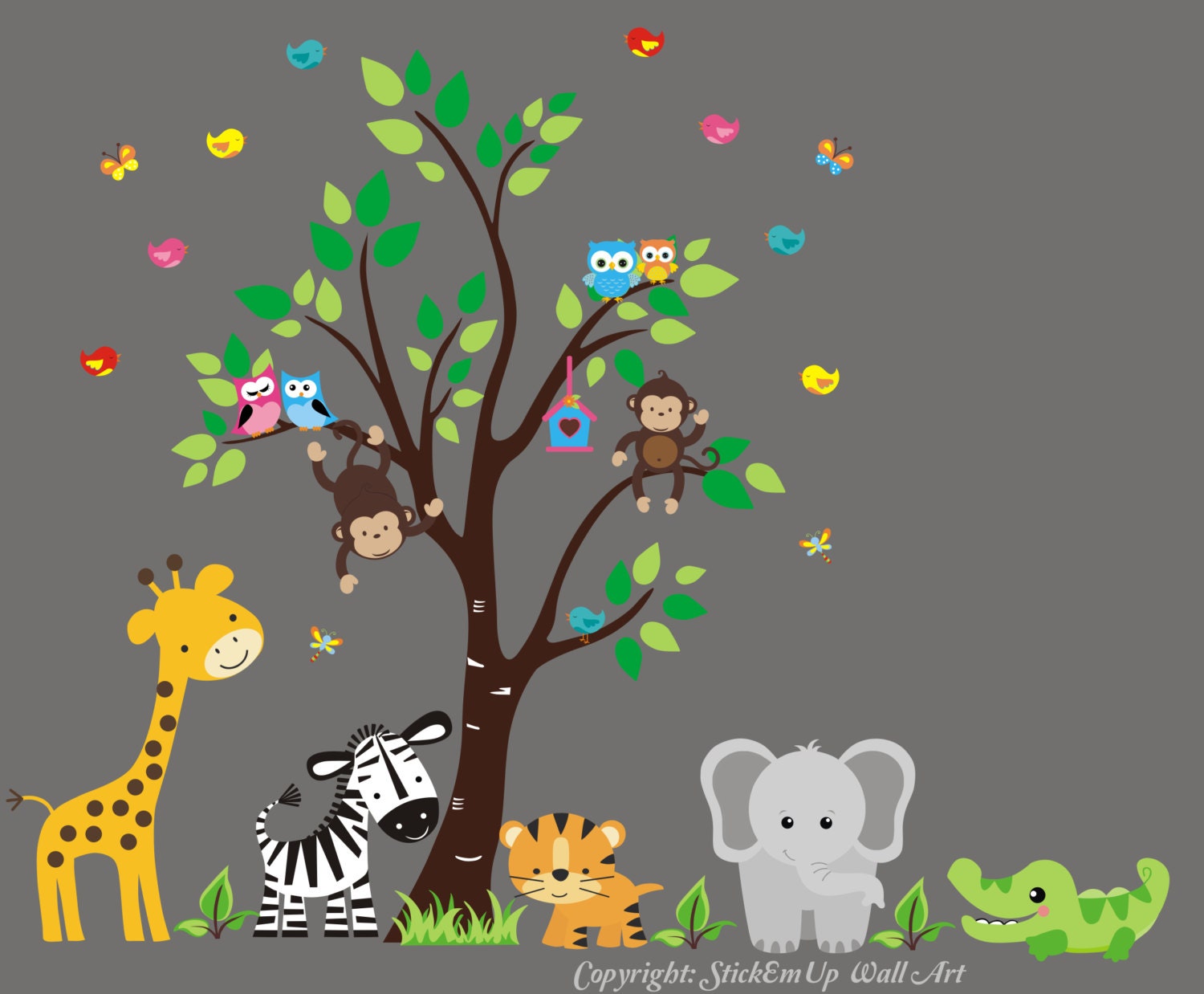 Nursery Wall Decal - Baby Wall Decal with Jungle Animals - Giraffe, Elephant, Tiger, Zebra, Alligator, Monkeys - Children Wall Decal - 437