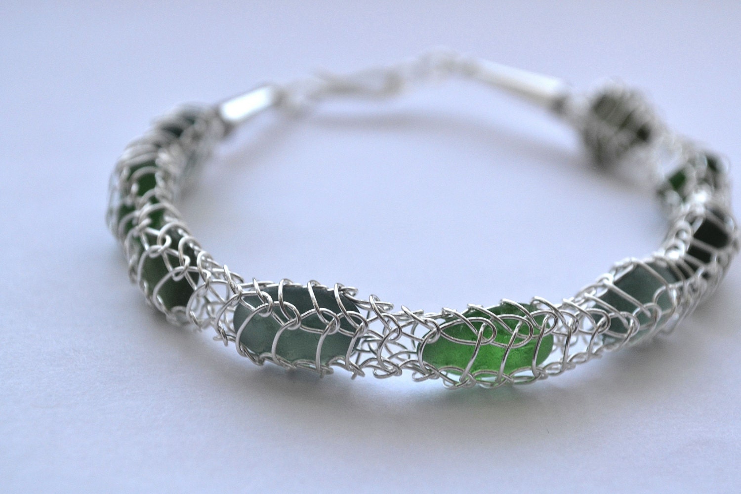 Genuine Bracelet Shades of Emerald Green Sea Glass and Fine Silver Wire Knit