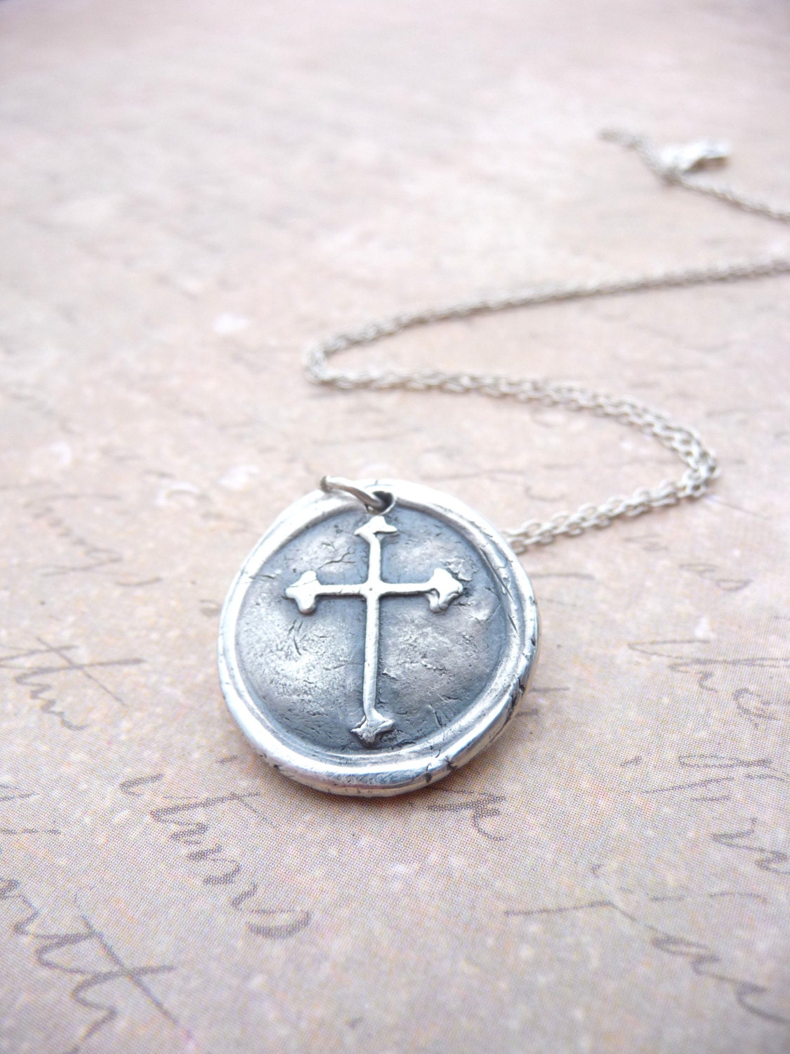 Cross necklace hand stamped with wax seal in fine silver from Dream of a Dream on Etsy