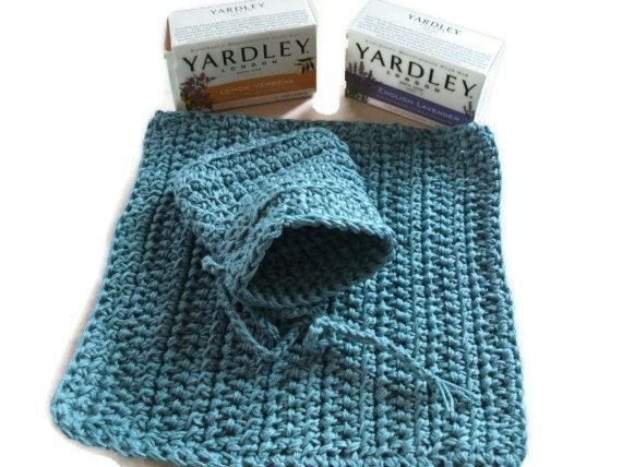 Crochet Chunky Cotton Wash Set in Green & Soap. Bathroom Accessories, Shower and Bath Gift Set.,