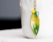 Enamel Leaf Necklace Yellow Flower Green Leaf Long Chain Necklace Summer Nature Leaf Jewelry - N275