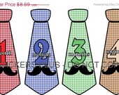 SALE Baby Boy Monthly Onesie Stickers Necktie Neck Tie Mustache Gingham Red Blue Green Brown - UNCUT 1 - 12 Months Plus Just Born - Gift
