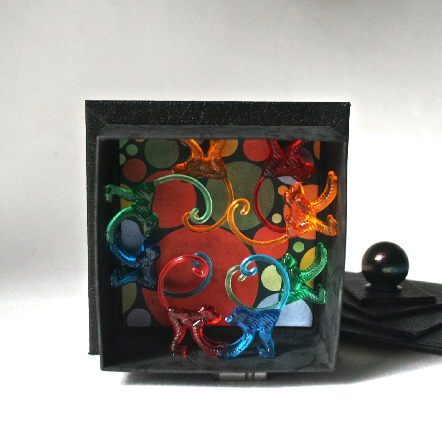 Mixed Media Sculpture-In-a-Box Monkey Trouble for Home Office Decor