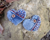 Earrings - Heart Shaped Recycled Polo Jeans Co.Denim Hand Beaded  Upcycled