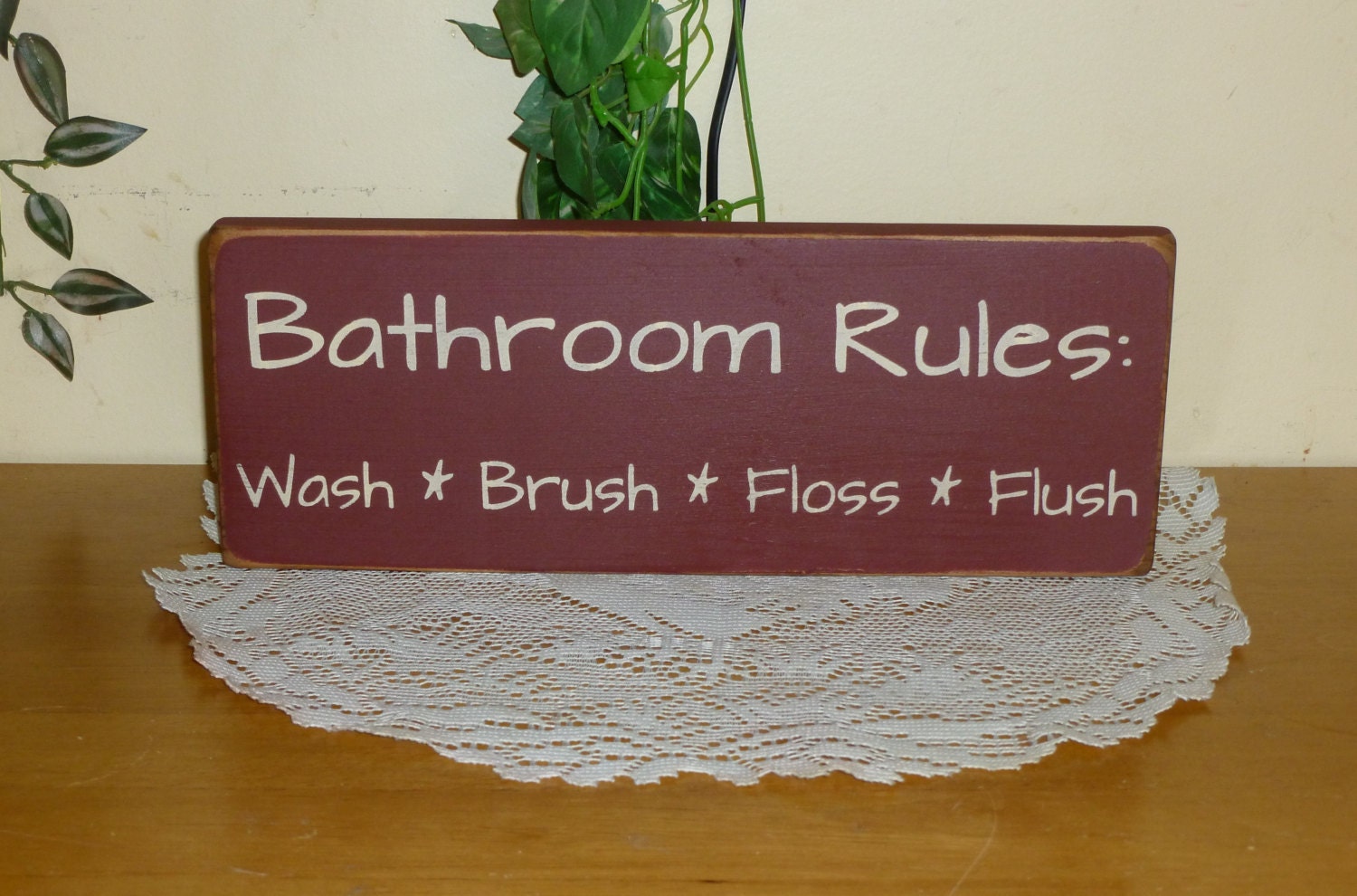 Primitive "Bathroom Rules - Wash - Brush - Floss - Flush" wood sign - your color choice
