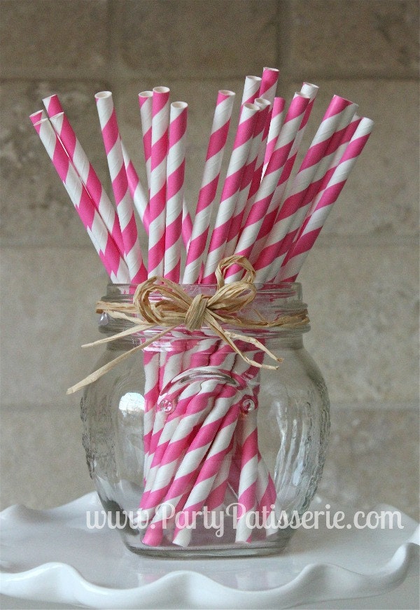 25 Bubble Gum Pink and White Stripe Paper Party Straws