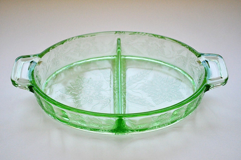 Green Depression Glass Tray Jeannette Floral
