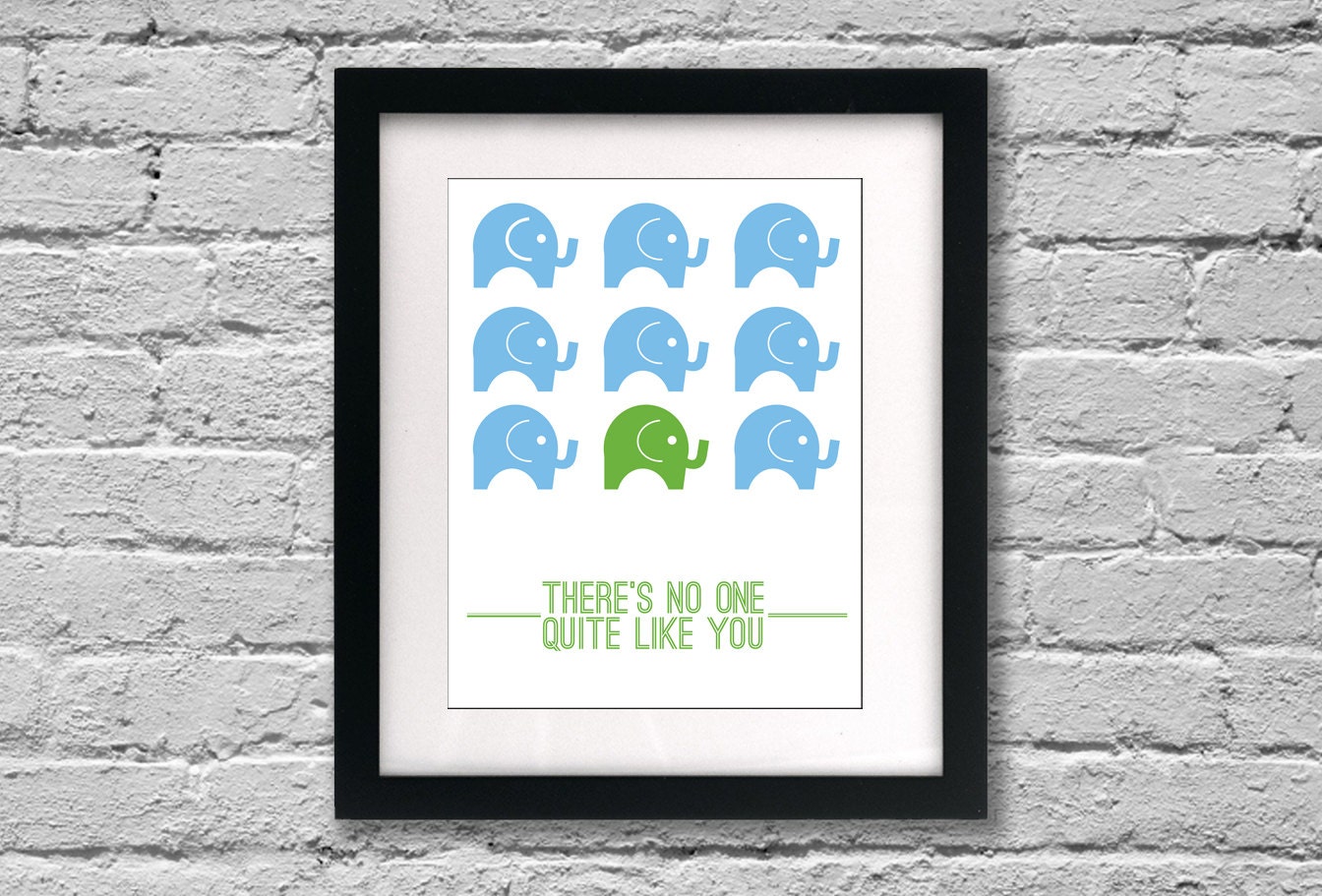 Elephant Nursery Art: "There's no one quite like you" 11x14 print (custom colors to match your nursery or playroom)