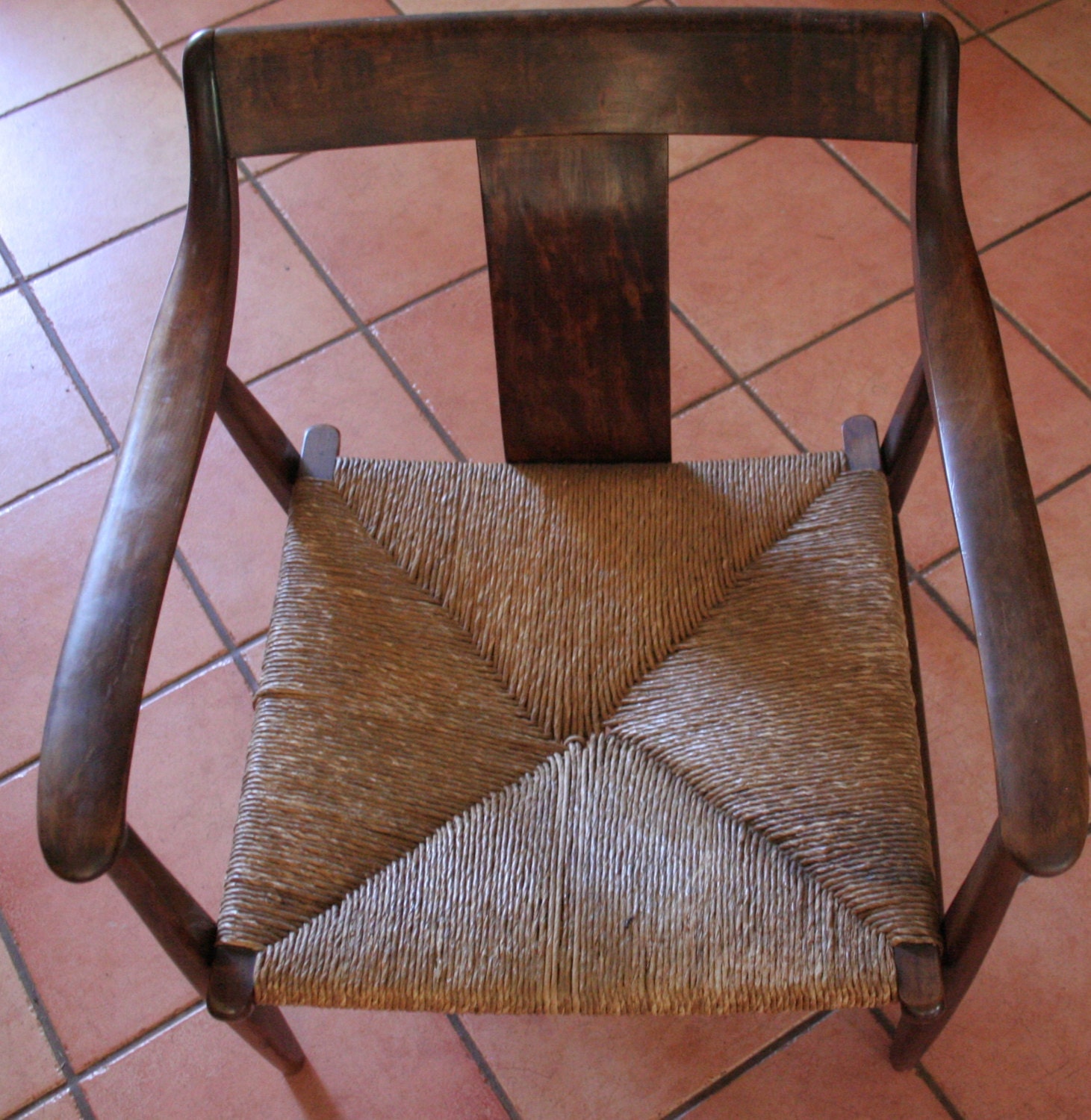 SALE Vintage Mid Century Modern Teak Wood Arm Chair with Woven Cane Seat and Footsool
