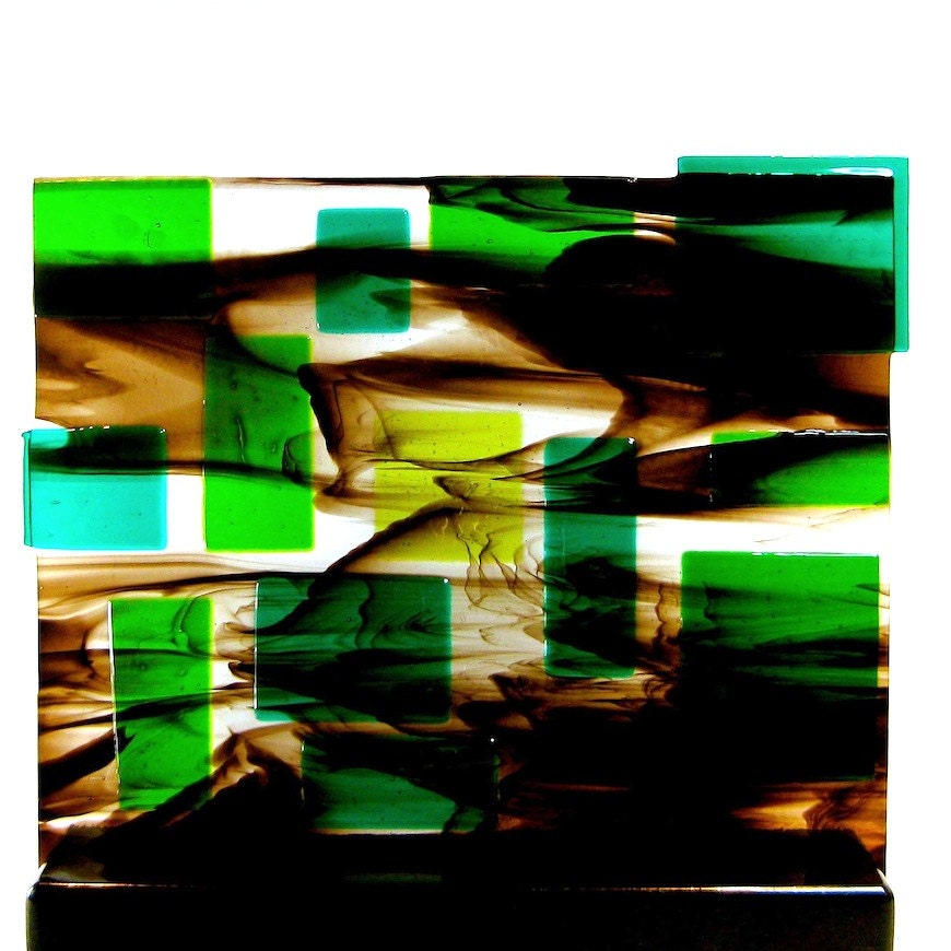 Abstract Mid Century Modern Art Glass Sculpture Fractured Dappled Light Forest