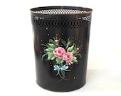 Vintage Metal Waste Basket Tole Paint Black Pink Rose Toleware (as-is)
