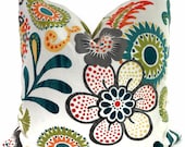 Orange, Turquoise and Green Mod Floral Decorative Pillow Cover 18x18