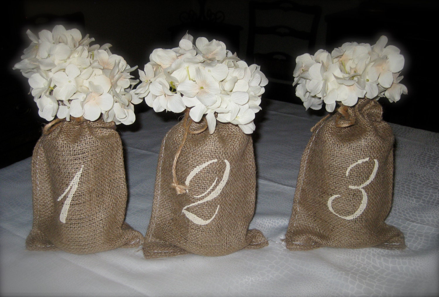 Custom for Danielle - BURLAP TABLE NUMBER Bags - Wine Bottle Gift Wrap - Shabby Chic Wedding Reception 6x10"