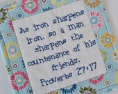 Religious Coaster - Mug rug - Bible Verse - Scripture - As Iron Sharpens Iron - Proverbs 27 - Fellowship - Light Blue - Flowers