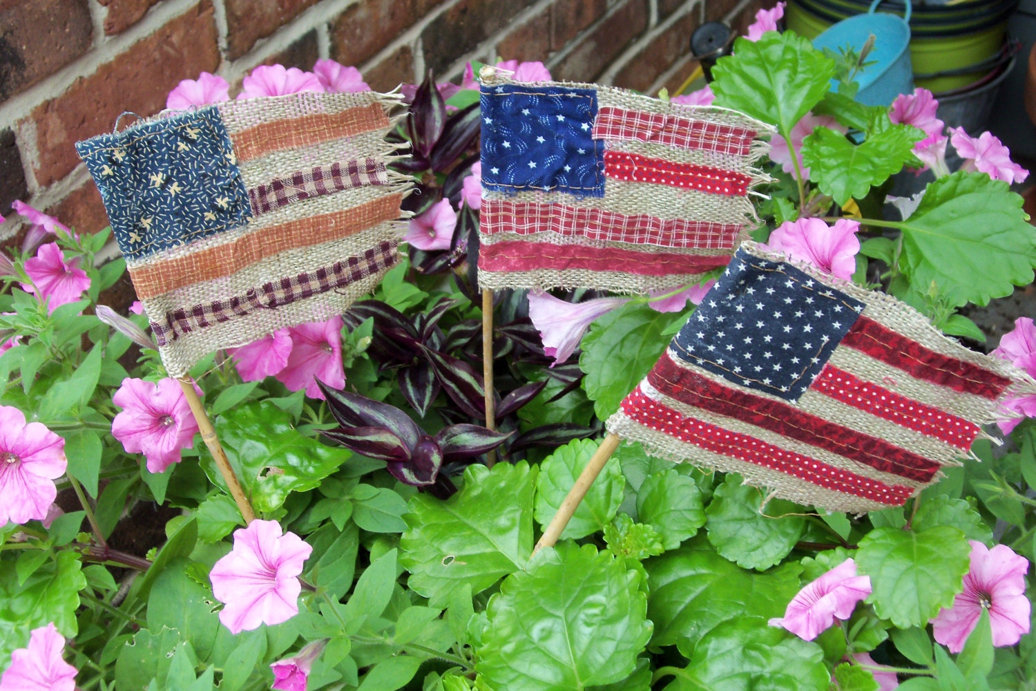 Prim  Americana Burlap Flags Pot Pokes Patriotic Old Glory