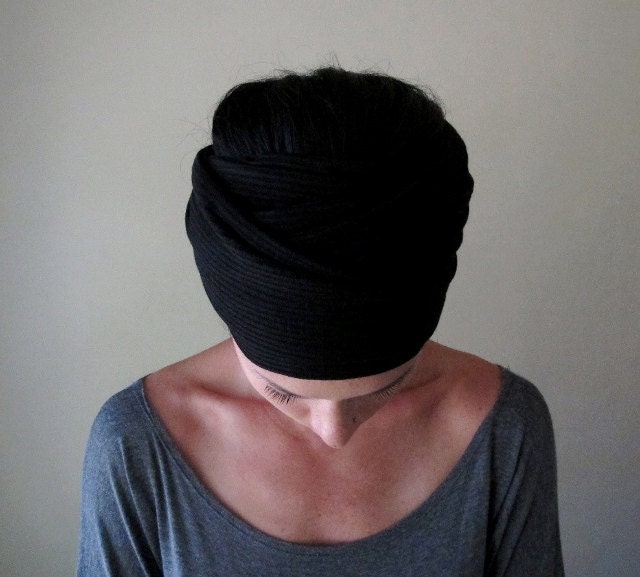 Black Head Scarf - Hair Wrap, Headband, Womens Hair Accessory - Neck Bow, Ascot - Black Sweater Scarf