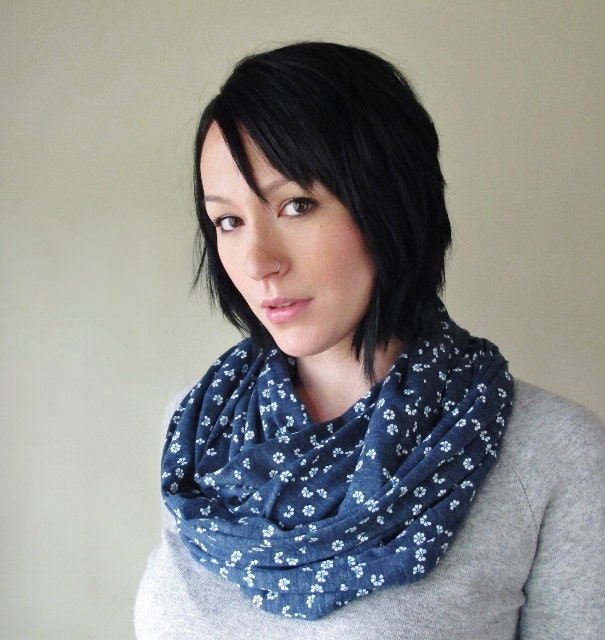 Denim Blue Infinity Scarf with Dainty White Flowers - Cotton Floral Loop Scarf - Slate Blue Circle Scarf