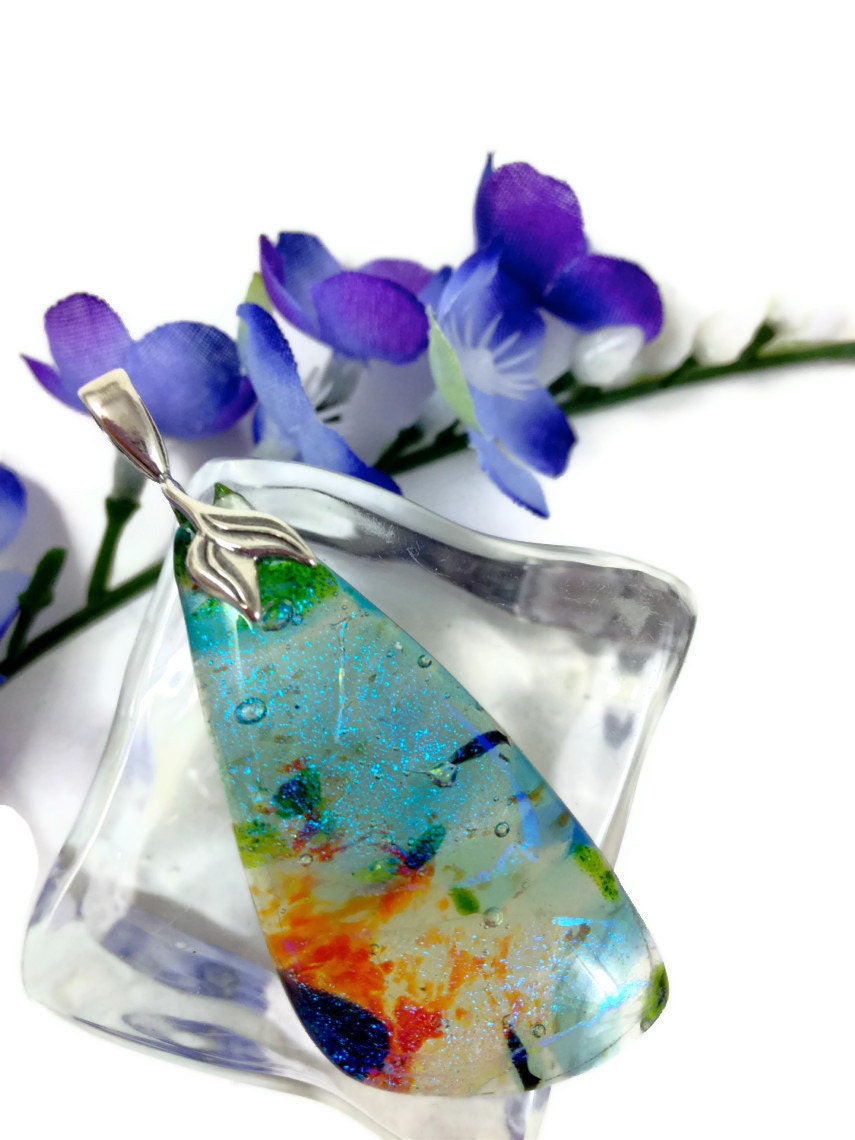 Fused Glass Dichroic Pendant Blues and Greens Tear Drop Necklace 141