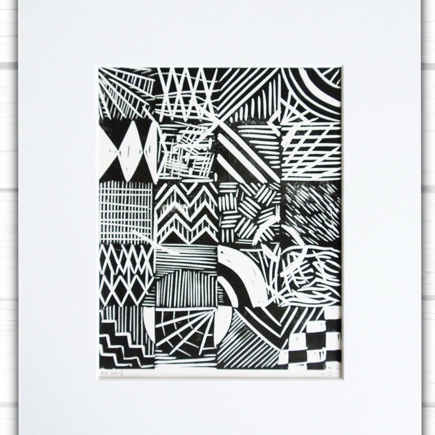 Black and white grid abstract lino print