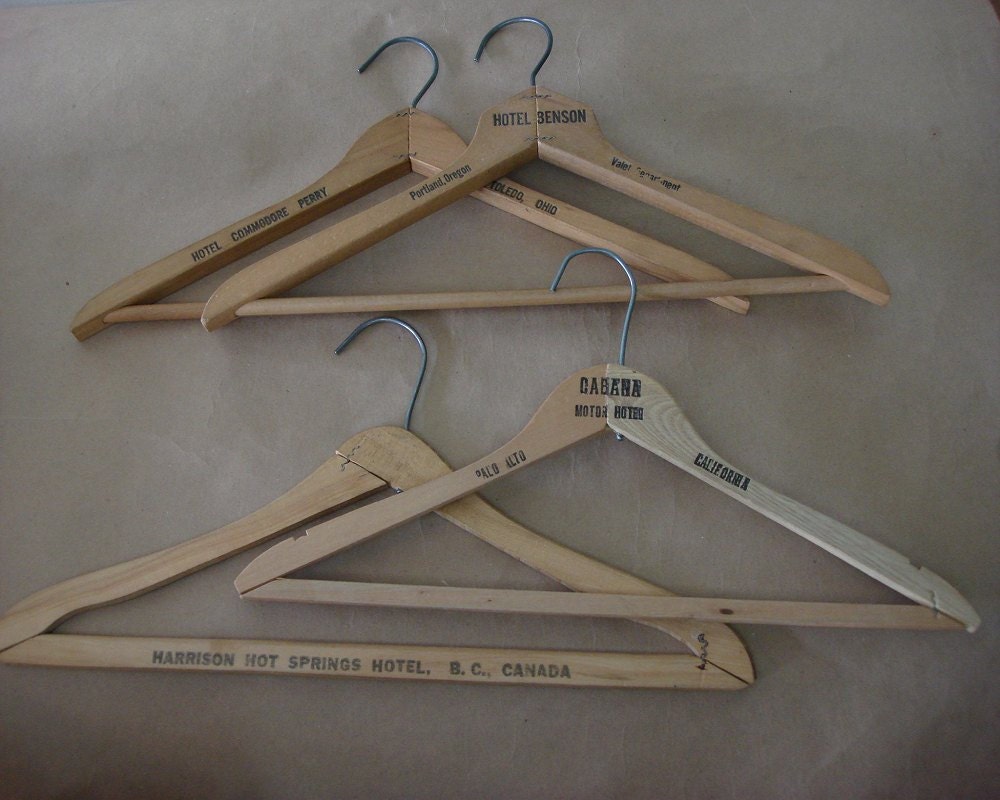 4 Vintage Hotel Hangers 1930s 1940s 1950s 1960s Retro Wooden Advertising