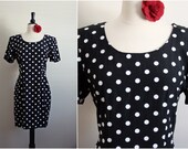 Vintage Pin Up Polka Dot Mini Dress. Black & White polka dress. Size S/M