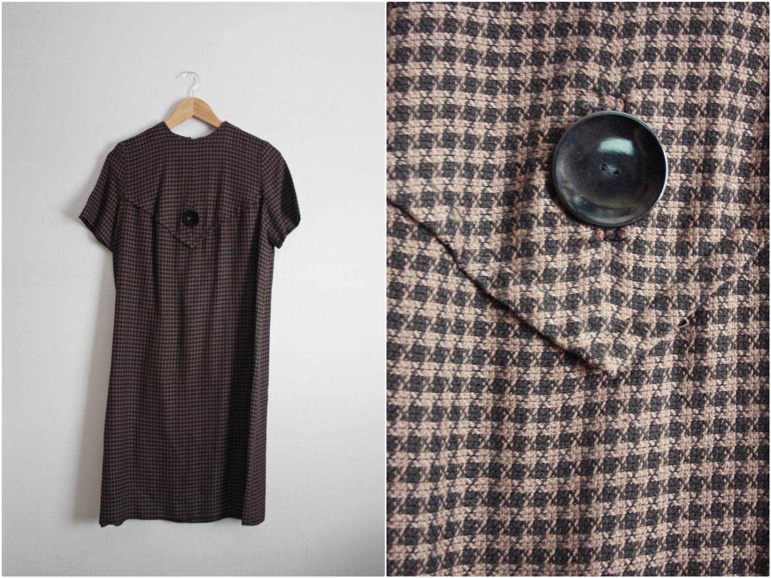 60s Mod Checked Chess brown and black. Button dress. Metal zipper.  Size M/L