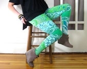 LONG LEGGINGS/ high waisted, tight and fitted, printed leggings, blue and green, leaf print, ocean print, asymmetrical, tall leggings, swirl