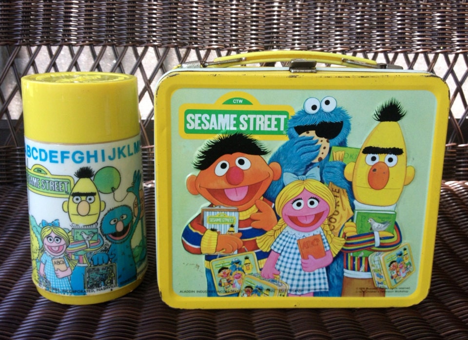 1979 Sesame Street Lunchbox and Thermos, Vintage Cookie Monster, Big Bird, Burt and Ernie