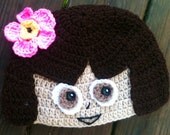 DORA Inspired Crochet Beanie Hat w/Pink n Yellow Daisy -- Sizes: 2T to 10 yrs -- Cute Photo Prop