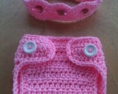 Newborn Baby Girl PINK Crochet Princess Crown with Gems & Diaper Cover Set -- Cute Photo Prop