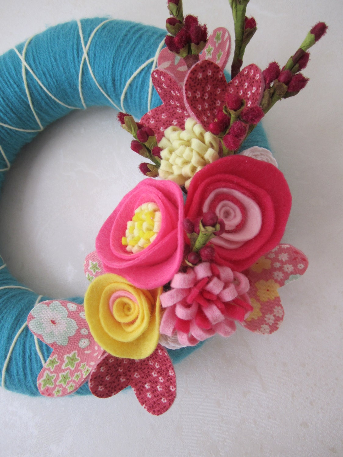 Teal Yarn Wreath with Pink Felt Flowers and Fabric Heart 8"