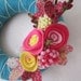Teal Yarn Wreath with Pink Felt Flowers and Fabric Heart 8"