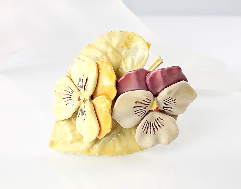 Vintage Celluloid Pansy Flower Brooch in Purple Yellow