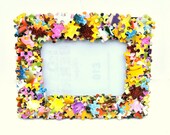 Jigsaw Puzzle Covered Free Standing or Wall Mounted Photo Frame 4x6 inch Photos Girly Game Quirky Pink Purple Yellow Floral Flowers