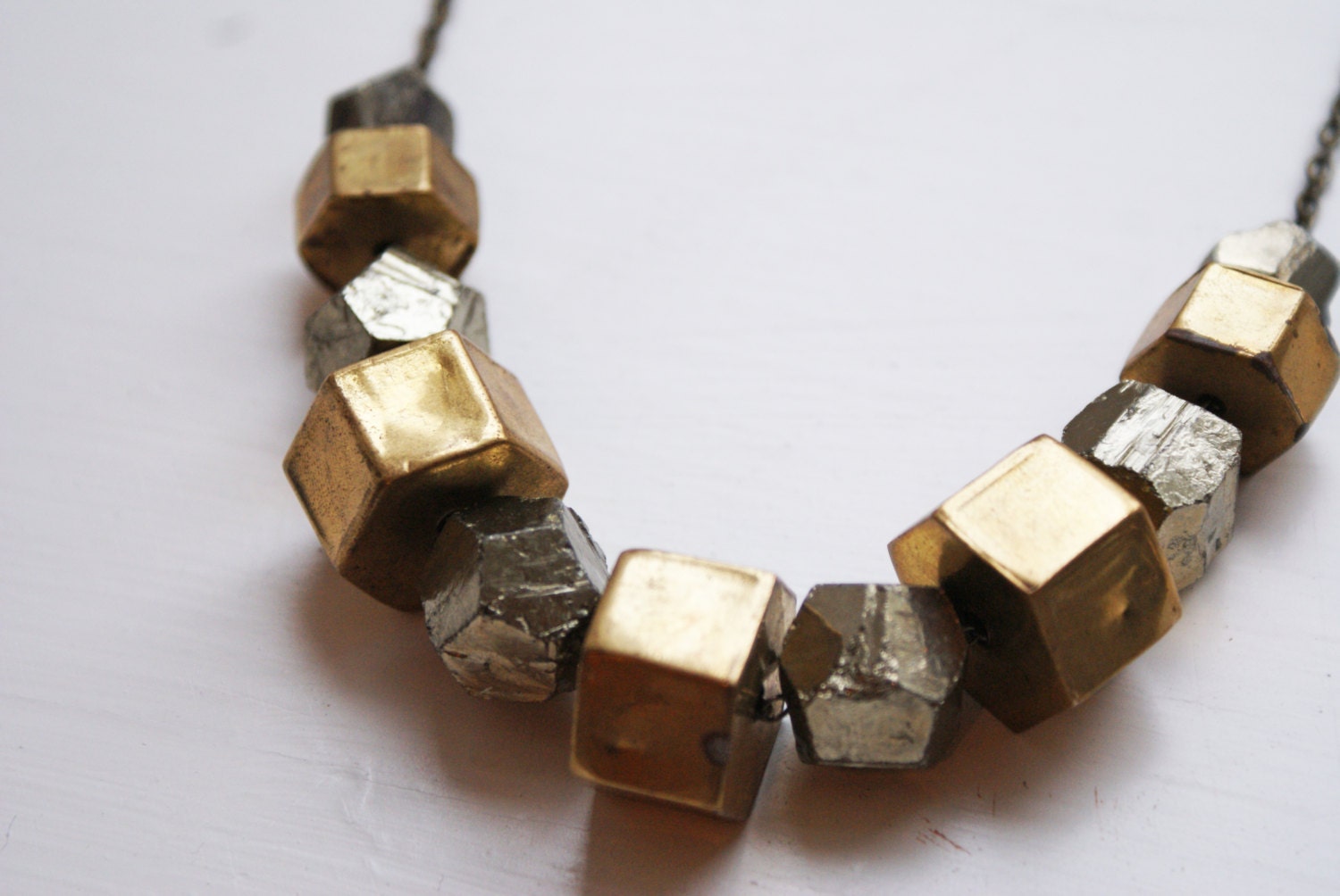 Chunky Metal Beaded Statement Necklace: Vintage Brass & Pyrite Mineral Nuggets