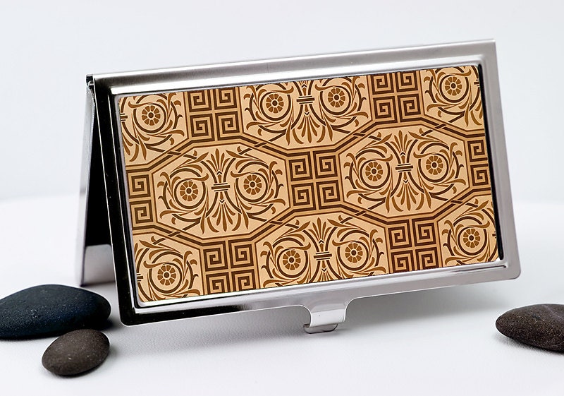 Business Card Case, Vintage Classical Greek Style in Brown, Handmade Credit Card Case, Men or Women's Accessory