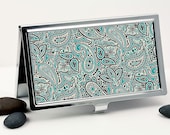 Business Card Case, Retro Paisley Design in Teal Blue, White and Black, Handmade Credit Card Case, Men or Women's Accessory